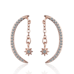 Copper Crescent Moon Star Stud Earrings For Women Rhinestone Inlaid Fashion Korean Style Symmetric Geometric Earrings Jewelry Gift