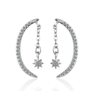 Exquisite silver crescent moon earrings with cubic zirconia and star pendant details