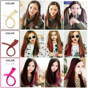 Detail view of Creamy White, Wine Red, and Rose Red clip-in colored hair extensions