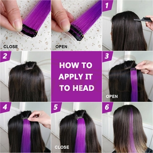 Step-by-step tutorial for applying purple clip-in straight hair extensions on head