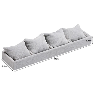 Gray velvet watch tray with 4 pillows and dimensions 34cm x 8.5cm x 3.3cm for jewelry display
