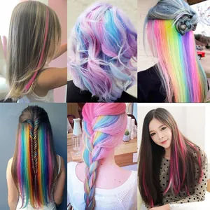 Multiple views showing colorful hair extensions in braids and long straight styles