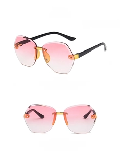 Front and side view of children's rimless polygonal sunglasses in gradient pink