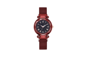 Detailed close-up of red starry sky dial with Roman numerals and Milanese magnetic mesh band