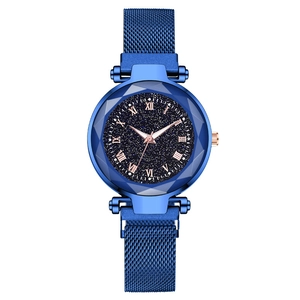 Elegant starry blue dial women's watch with Milanese magnetic band and Roman numerals