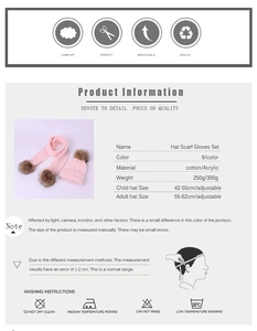 Spécifications de taille et matière pour l'ensemble bonnet et écharpe en tricot rose