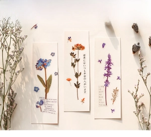 Macro detail of PET floral stickers with botanical illustrations for DIY scrapbooking