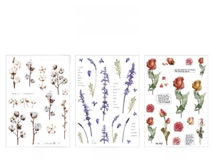 Macro shot of PET floral stickers featuring cotton, lavender and rose flower designs