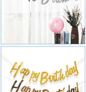 Detail of metallic Happy Birthday banner showing glossy finish and precise cutouts