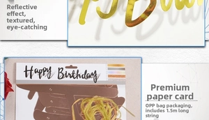 Macro shot of gold Happy Birthday banner with 1.5m ribbon in retail packaging
