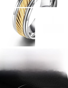 Macro shot of two-tone stainless steel ring featuring textured knit pattern and beaded edges