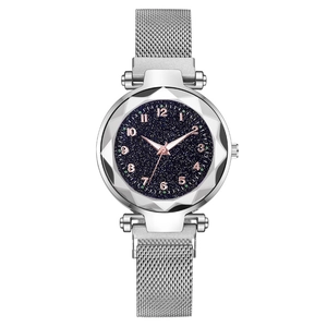 Elegant women's watch with silver Milanese strap and dark blue starry sky dial