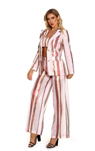 Dettaglio delle strisce verticali con paillettes sul set blazer e pantaloni rosa e oro