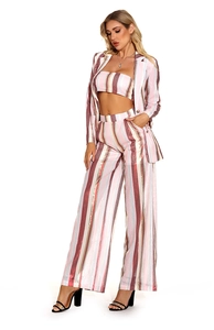 Dettaglio completo del completo a tre pezzi con paillettes, blazer e pantaloni a righe