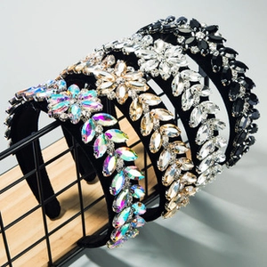Detail of four baroque headbands with hand-set rhinestones and floral patterns