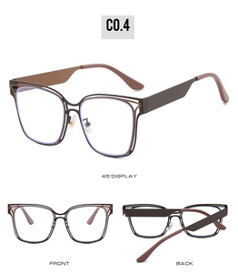 Detailed views of bronze metal glasses frames from front, back, and 45-degree angle