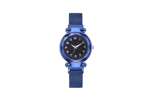 Detail view of blue starry sky dial and magnetic Milanese mesh watch strap on white background