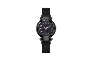 Close-up of black mesh strap watch with starry dial and faceted crystal case