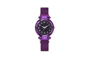 Detailed view of purple starry sky watch face with rose gold numerals and mesh magnetic strap