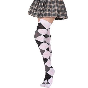 Classic argyle pattern over-knee socks in black, white, and grey with pink accents