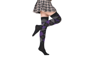 Detail of high-elasticity argyle over-knee socks in black, purple and grey knit