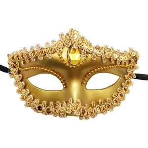 Elegant Venetian masquerade mask with gold glitter, sequins and yellow gemstones