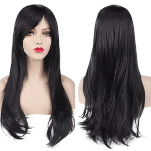 Peluca de cosplay negra de 70 cm para mujer con flequillo, pelo largo ondulado, vista frontal y posterior