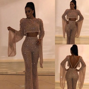 Women's sparkling sequin two-piece set with long sleeve crop top and flare pants