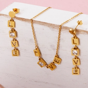 Golden stainless steel LOVE jewelry set with square zircon accents and drop earrings