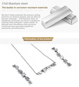 Detailed macro view of silver 316L stainless steel LOVE necklace and stud earring set