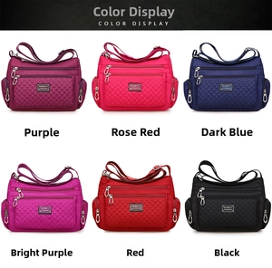 Close-up of diamond quilted waterproof nylon crossbody bags with multiple zip pockets