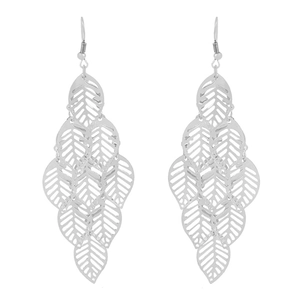 Silver tiered leaf dangle earrings with a minimalist hollowed-out five-layer design