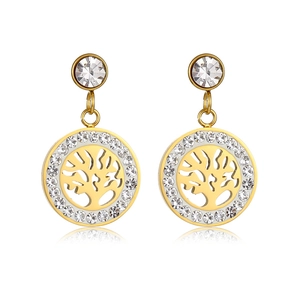 Golden titanium steel tree of life drop earrings with sparkling crystal accents
