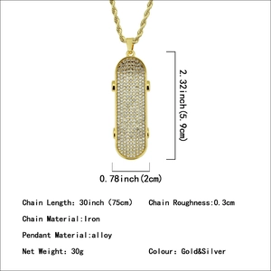Men's hip-hop 3D skateboard pendant necklace with sparkling crystals and a long twist chain
