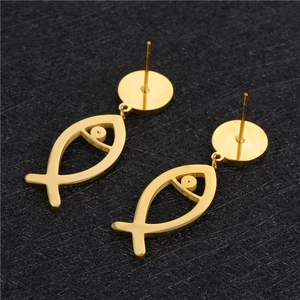 Elegant gold fishbone drop earrings in stainless steel on black textured background