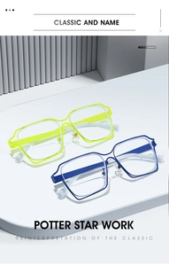 Détail de lunettes œil de chat carrées tendance avec montures doubles en jaune et bleu