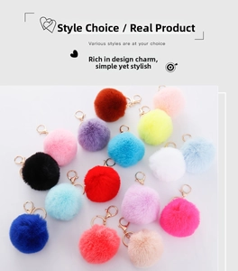 Detailed assortment of colorful 8cm faux rabbit fur pom-pom keychains with gold lobster clasps