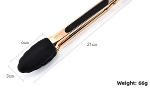 Macro detail of 21cm gold-plated food tongs showing precise dimensions and silicone grip