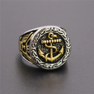 Men's punk anchor ring in gold and silver stainless steel with eagle wing carvings