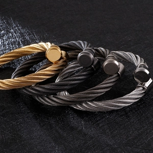 Three-color cable wire stainless steel open cuff bracelet in gold black and silver finishes