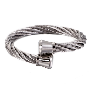 Men's stainless steel open cable bracelet with double spiral braided silver metal texture