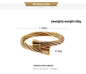 Detailed size specifications of the 8mm gold twisted stainless steel cable cuff bracelet