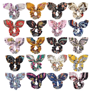 Satin Hair Scrunchies With Bow And Faux Artificial Pearl Pendant Vintage Floral Print Satin Texture Ponytail Holder For Women Girls