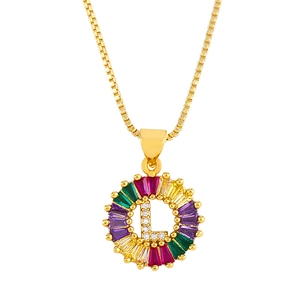Macro detail of gold-plated pendant featuring letter L and colorful zircon stones