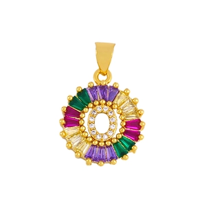 Close-up of gold letter O pendant with colorful rectangle zircon stones and white gems