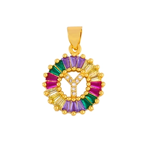 Detailed close-up of circular pendant with letter Y and multi-colored baguette stones