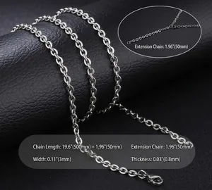 Mens 3mm silver stainless steel cross chain necklace with lobster clasp and 50cm length