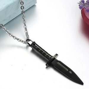Men's titanium steel necklace with a black dagger pendant on a silver metal chain link
