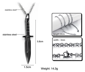Detailed specs of black dagger pendant in stainless steel with 50cm chain measurements