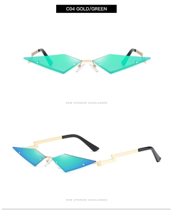 Detailed view of geometric rimless sunglasses with gold lightning arms and green lenses